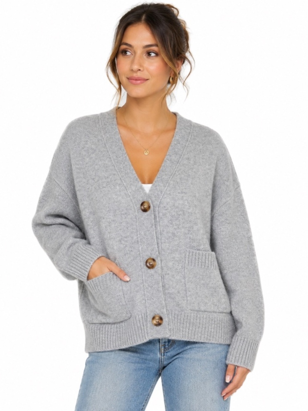 KLD Women's Gray Knit Button Front Cardigan – Size Medium